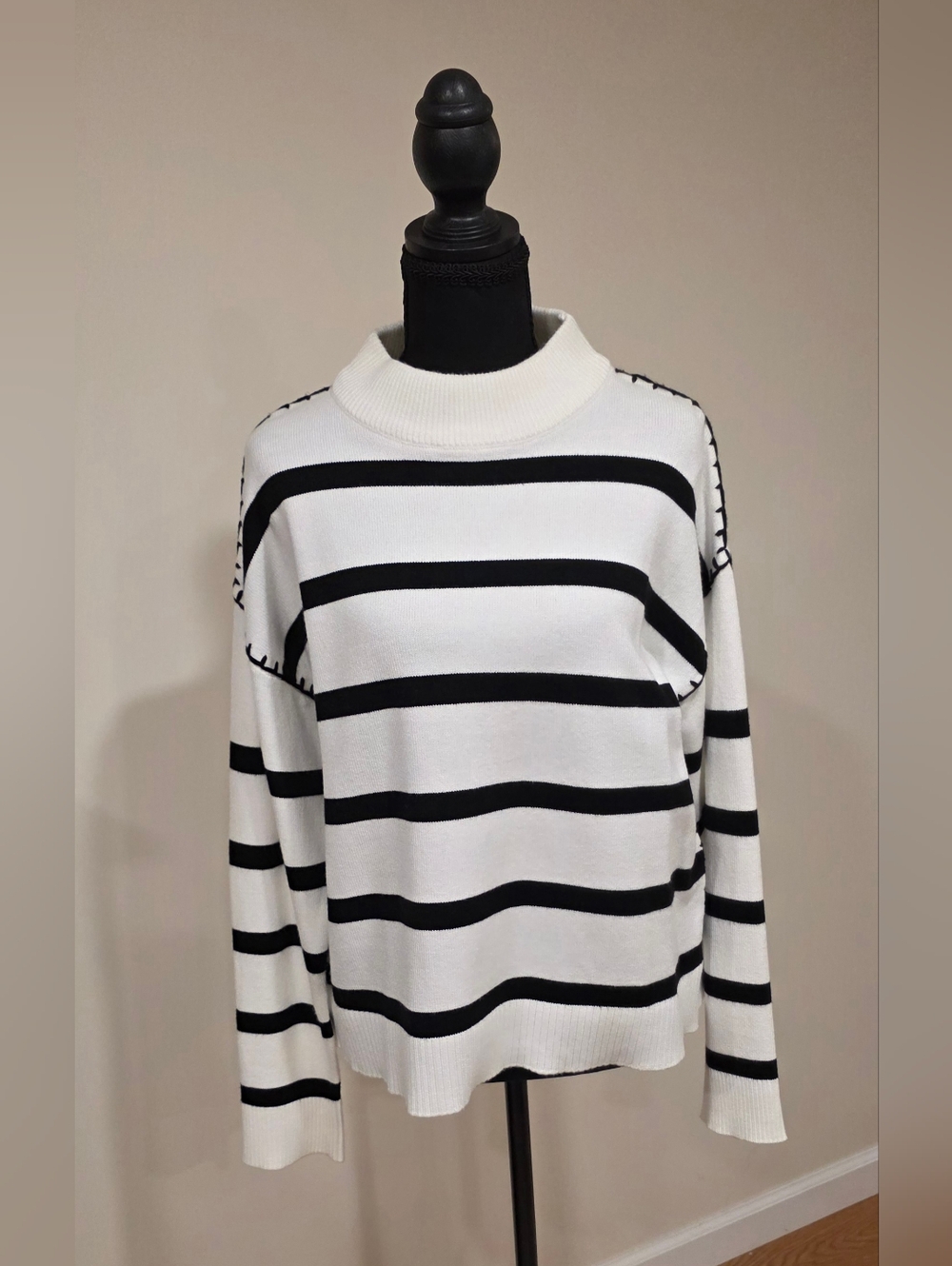 Tahari White and Black Striped Cowl Neck Sweater